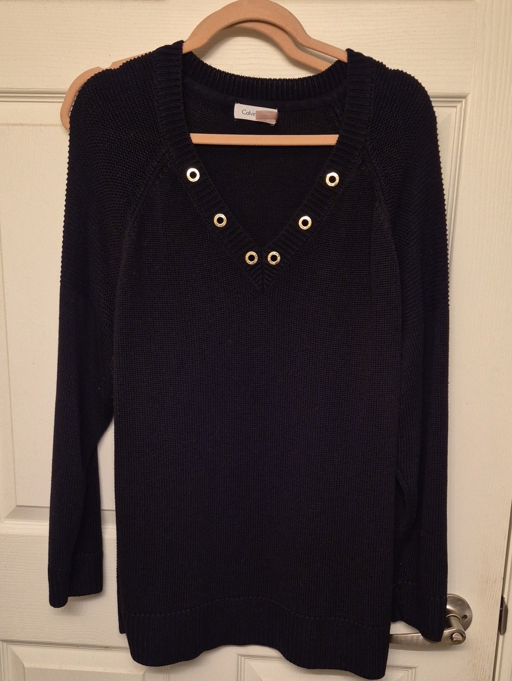 Calvin Klein Black V-Neck Sweater with Gold Eyelet Accents